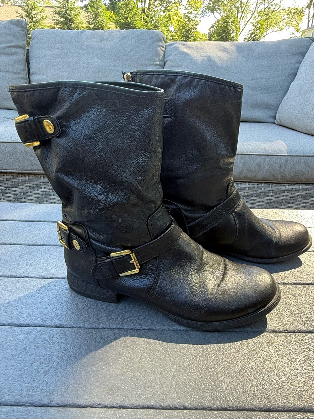 Steve Madden Black Leather Motorcycle Boots Gold Buckle Bikercore Streetwear